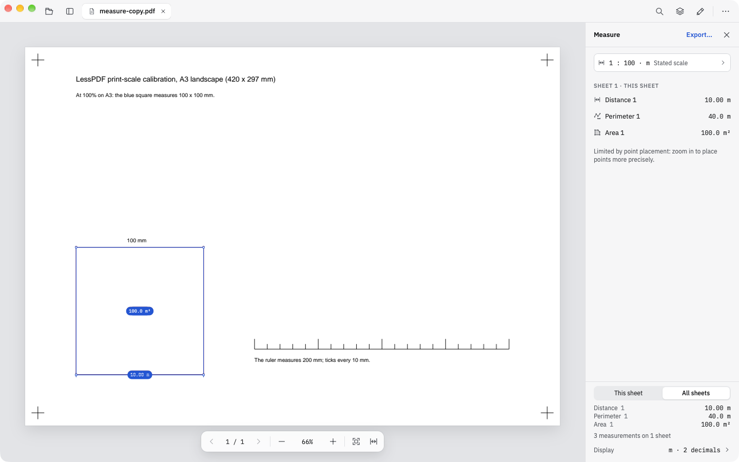 Mac 上的 LessPDF：打开一张已校准的 A3 图纸，其中量出一个正方形，右侧的测量面板列出它的距离和面积。